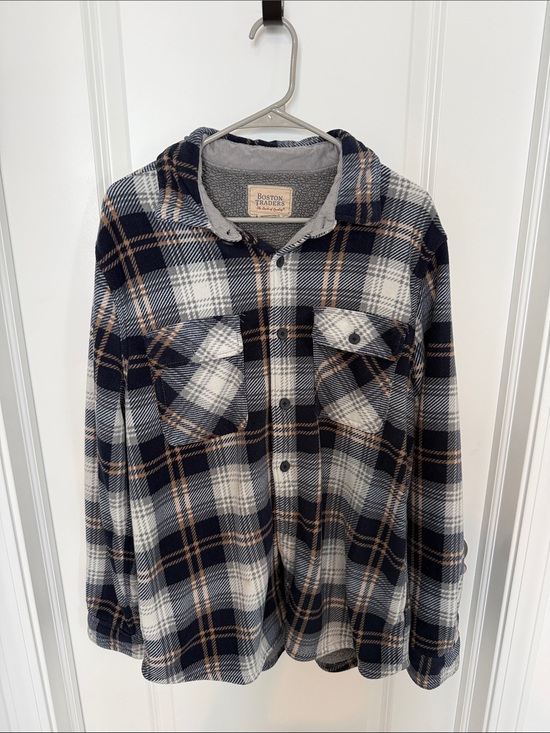 Boston Traders Other - Boston Traders Navy White Tan Plaid Hooded Flannel Shirt
